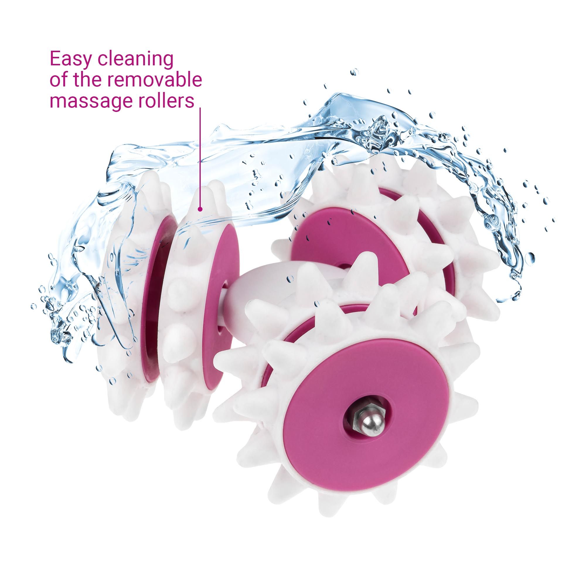 Massaggiatore con rulli bianchi rimovibili. Dettagli rosa. Spruzzi d'acqua. Testo: Easy cleaning...