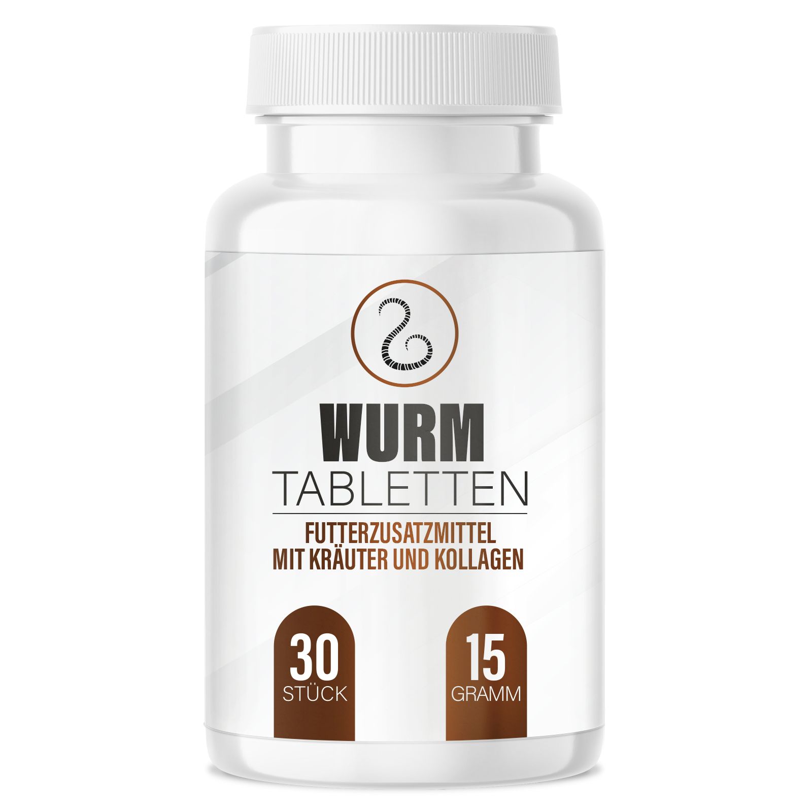 Flacone bianco con "Wurm Tabletten". 30 pezzi, 15 grammi. Integratore con erbe e collagene.