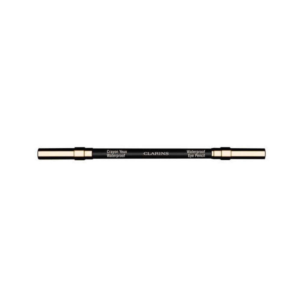 Matita occhi waterproof Clarins nera. Estremità dorate. Testo: Waterproof, Crayon Yeux Waterproof.