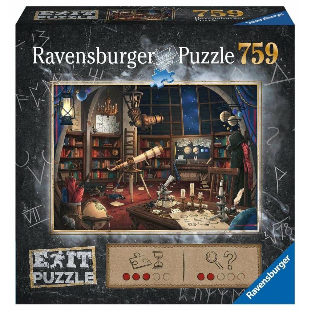 Scatola puzzle "Ravensburger Puzzle 759". L'immagine mostra un osservatorio. Sotto, "EXIT PUZZLE".