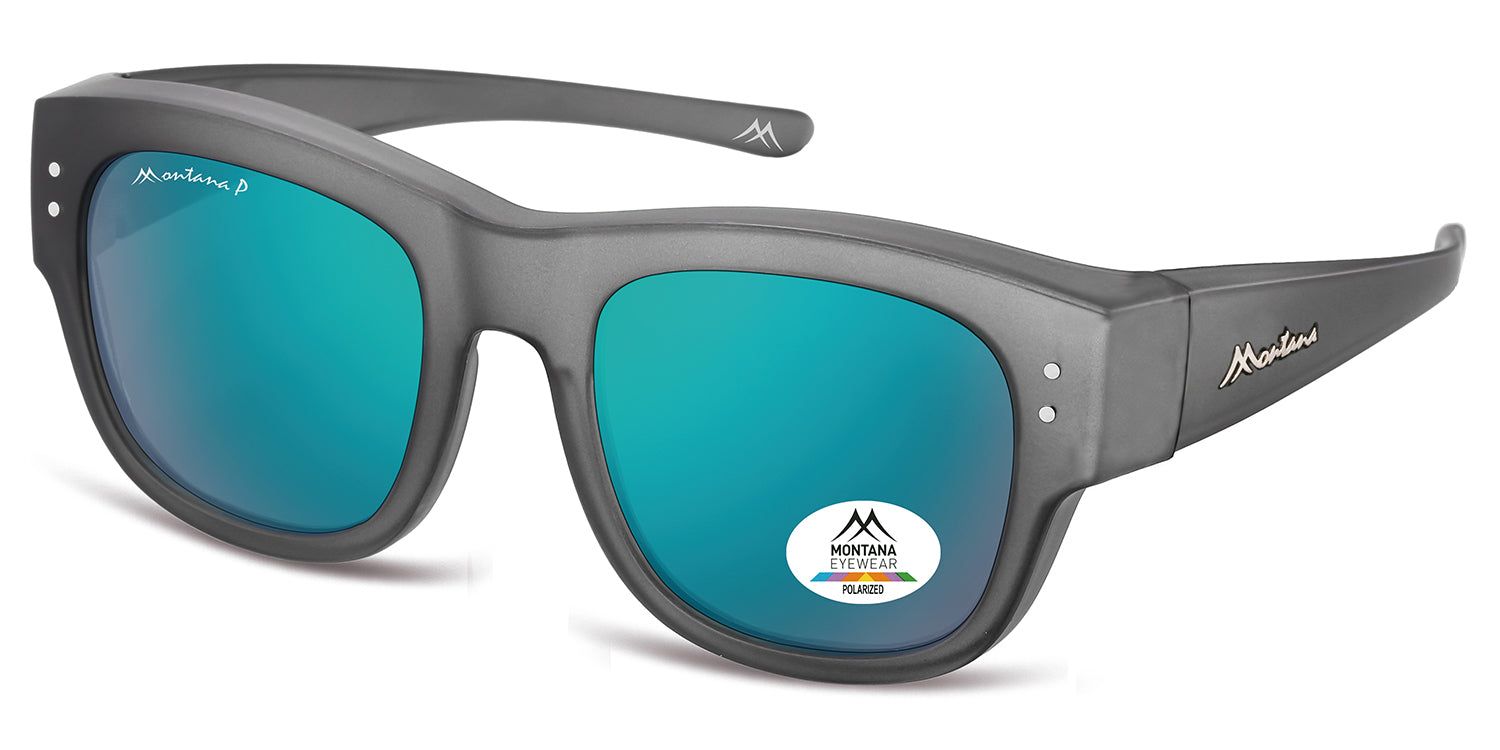 Occhiali da sole grigi con lenti blu. Logo Montana Eyewear sull'asta. Adesivo polarizzato. Vista angolata.