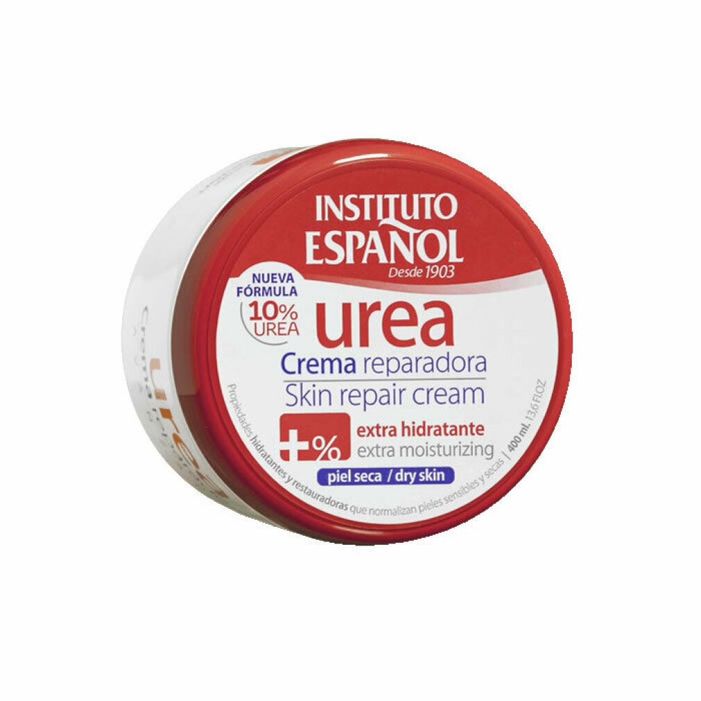 Barattolo rotondo con coperchio rosso. Scritta: Instituto Español, Urea, Crema riparatrice, Skin repair cream. 10% Urea, extra idratante.