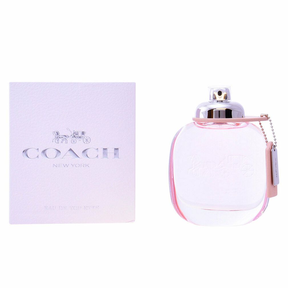 Flacone rosa Eau de Toilette e confezione. Logo COACH NEW YORK. Ciondolo con logo. Flacone in vetro. Confezione rosa chiaro.