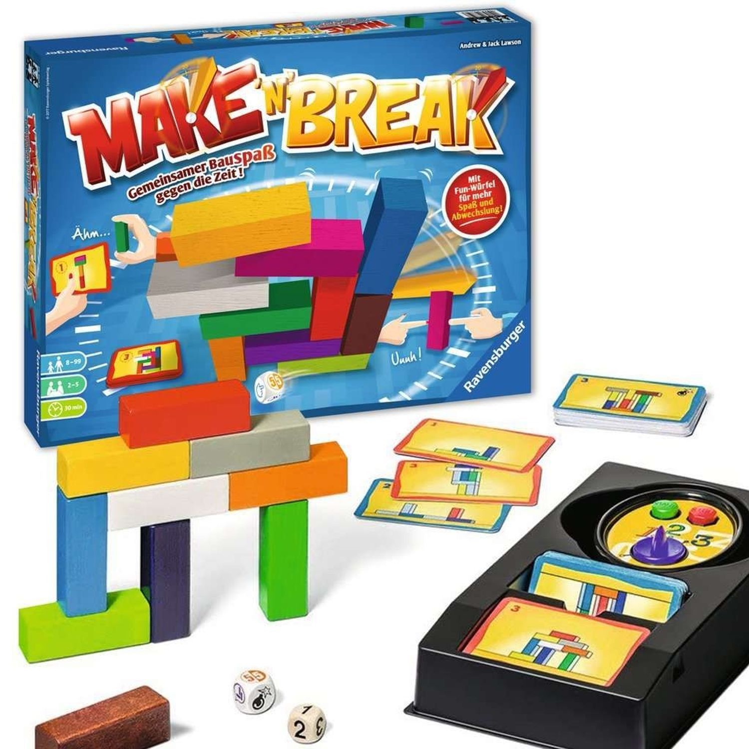 Gioco Make 'n' Break. Mattoncini colorati, carte, dadi e tabellone. Nome del prodotto e logo Ravensburger.