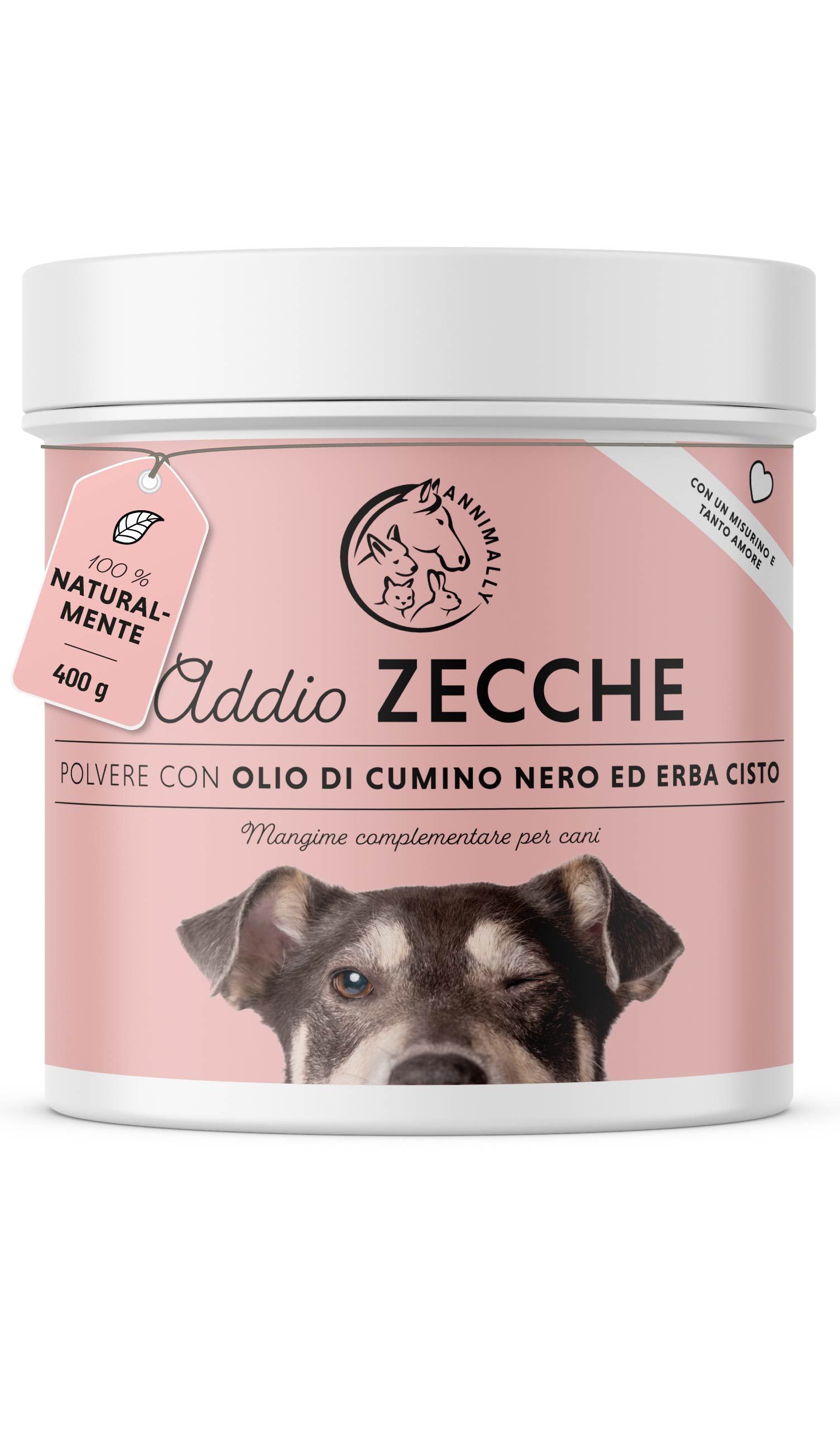 Testo su sfondo rosa. Testo: Lievito di birra, Erba cisto. Adatto a tutte le razze e a tutte le età.