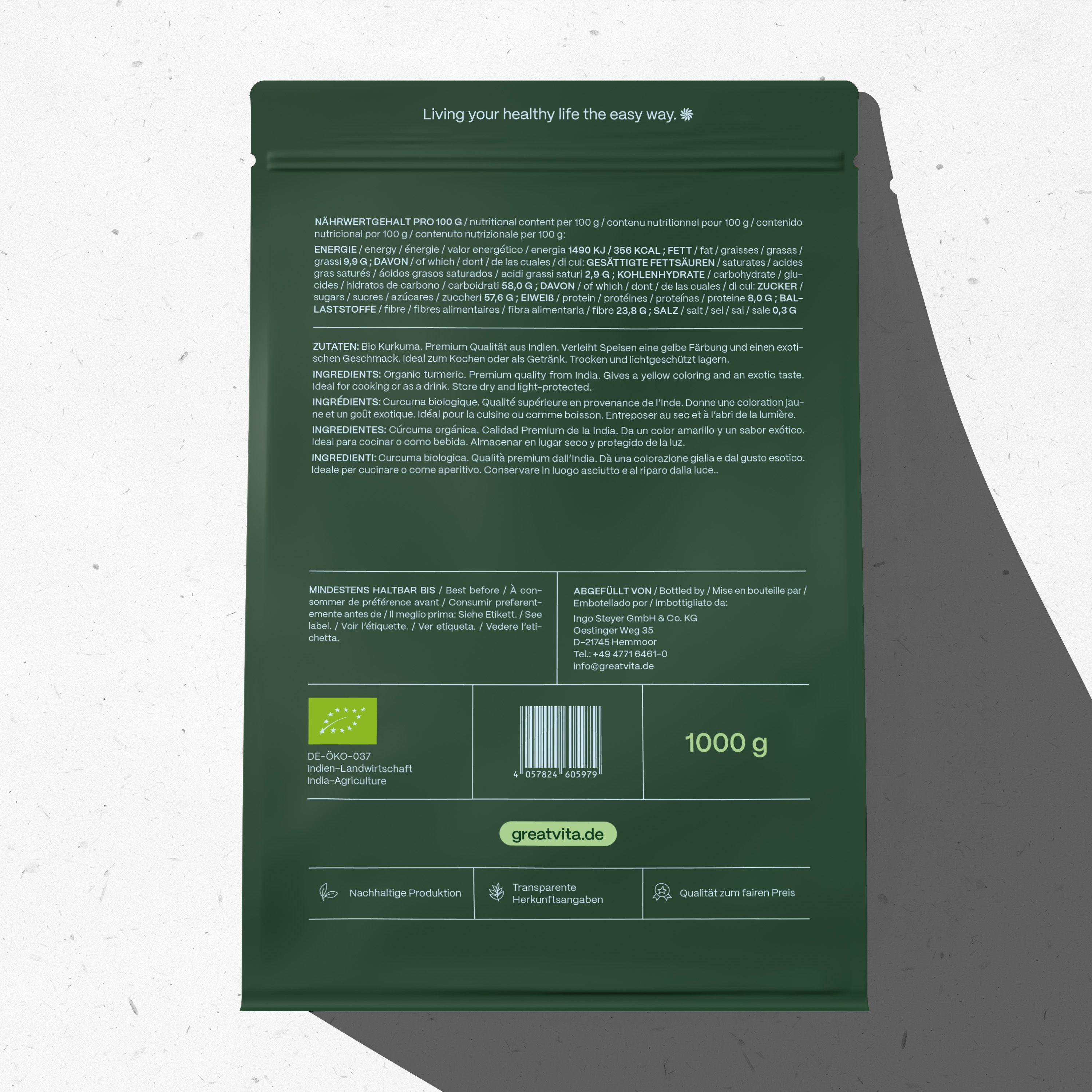 Confezione verde con testo. Contiene informazioni su valori nutrizionali, ingredienti e produttore. Scritta: GreatVita.