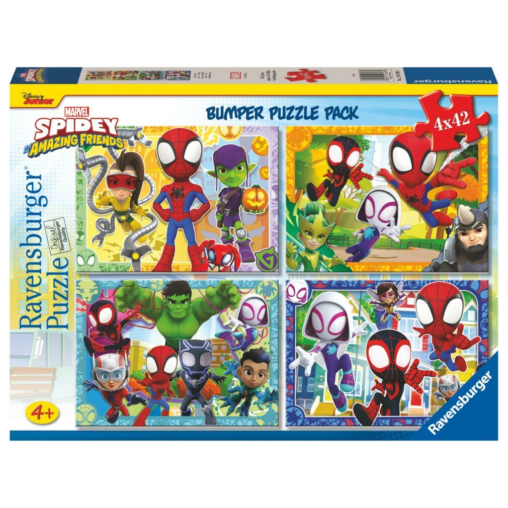 Puzzle 4x42 Stoßstange Pack. Confezione con motivi Spidey. Logo Ravensburger. Età consigliata 4+. Quattro puzzle con personaggi Spidey.
