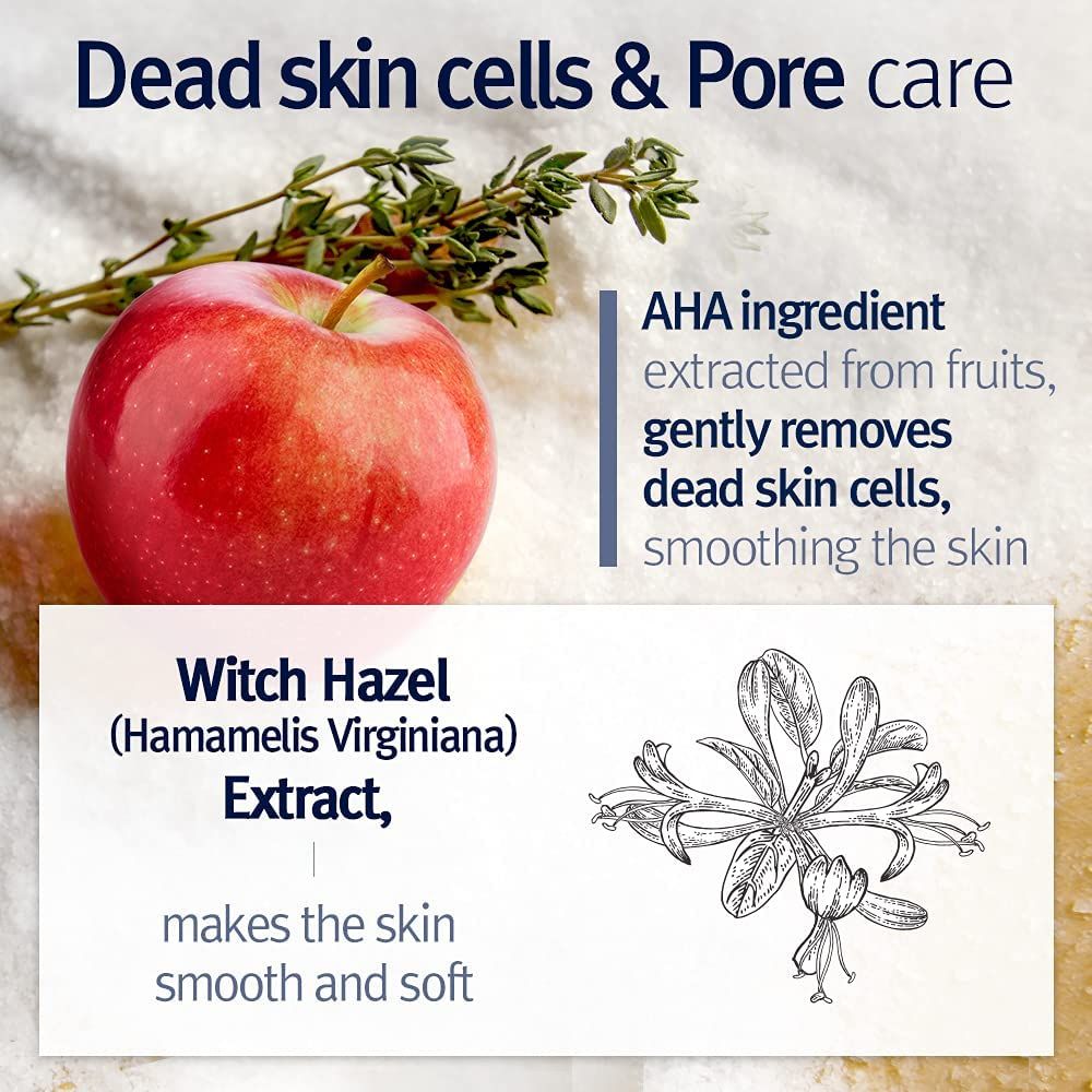 Mela, ramo e disegno. Testo: AHA ingredient extracted from fruits, gently removes dead skin cells.