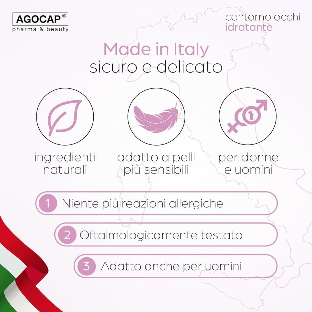 Testo: Made in Italy. Testo: sicuro e delicato. Simboli: ingredienti naturali, pelli sensibili, uomini e donne.