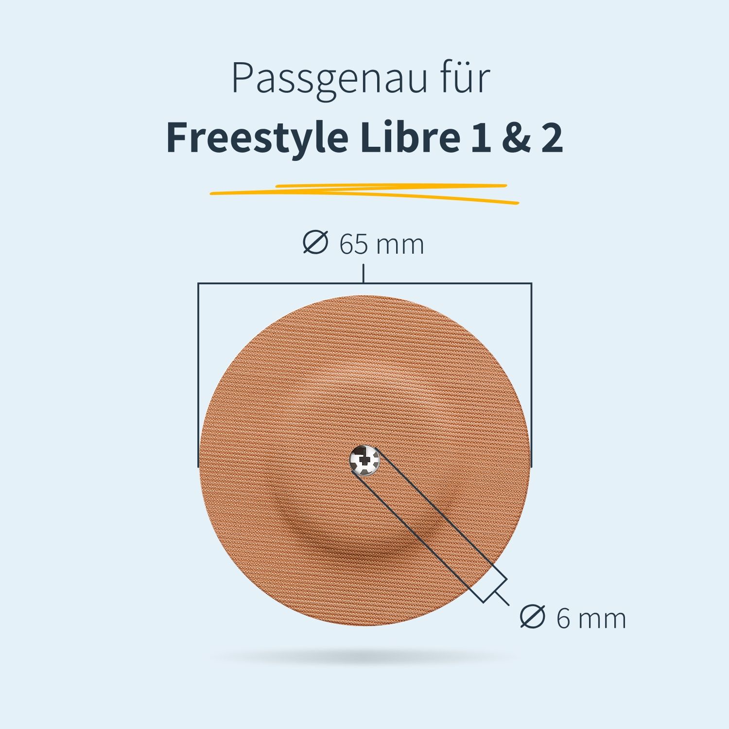 Cerotto rotondo color pelle con foro di ventilazione. Diametro 65 mm, foro 6 mm. Testo: Adattamento perfetto per Freestyle Libre 1 & 2.