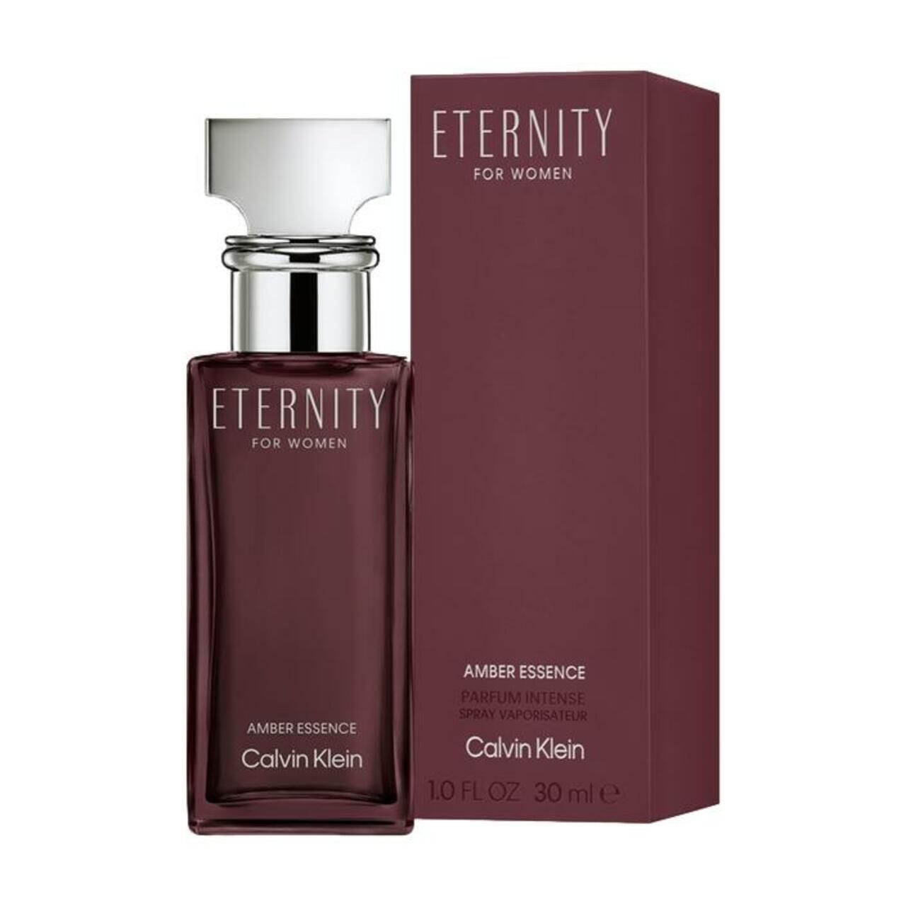 Flacone di profumo e confezione. Scritta "Eternity for Women" e "Amber Essence". Marchio Calvin Klein. 30 ml.