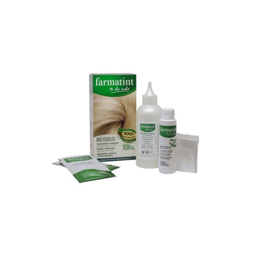 Kit tinta per capelli Farmatint con scatola, flacone applicatore, flacone sviluppatore e bustina.