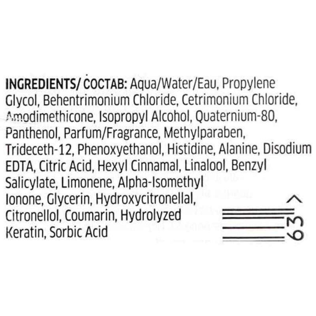 Testo con ingredienti e codice a barre. Contiene Aqua, Propylene Glycol, Behentrimonium Chloride, ecc.
