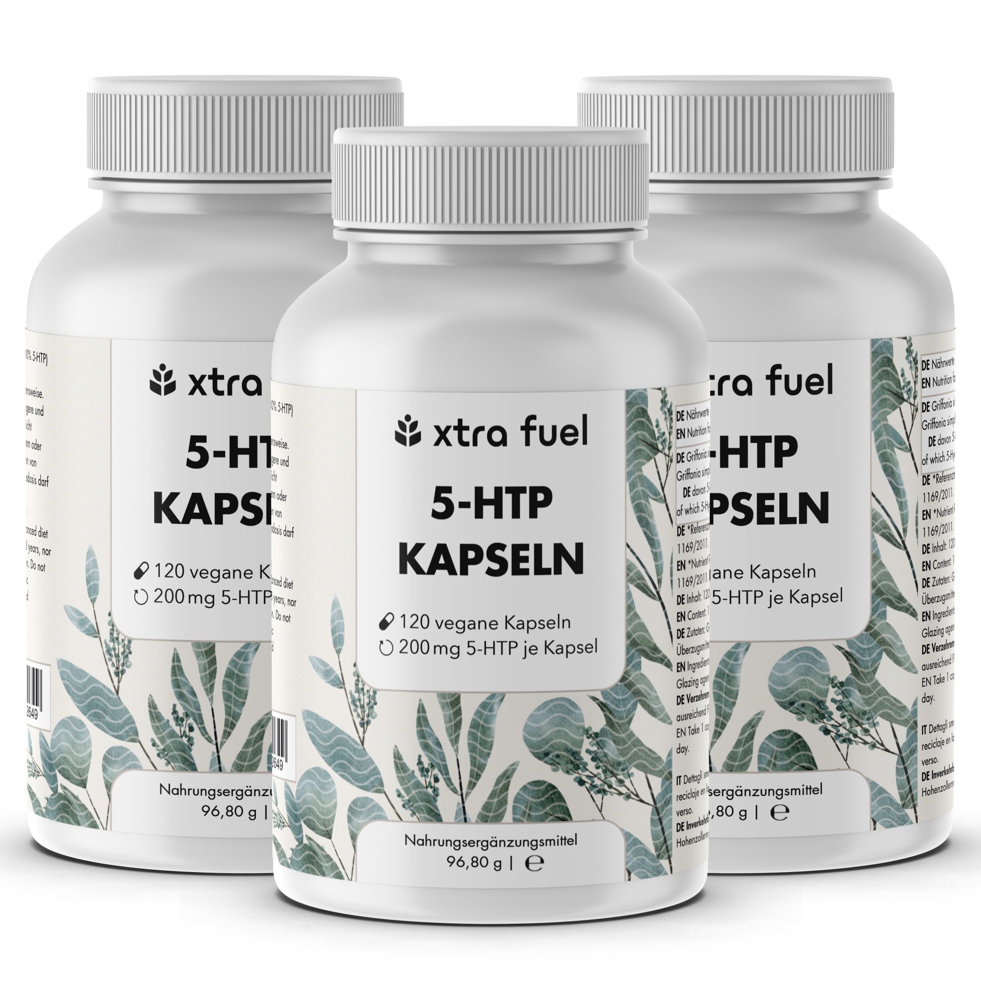 Tre bottiglie bianche di capsule. Scritta: XTRA FUEL 5-HTP KAPSELN. 120 capsule vegane, 200mg 5-HTP.