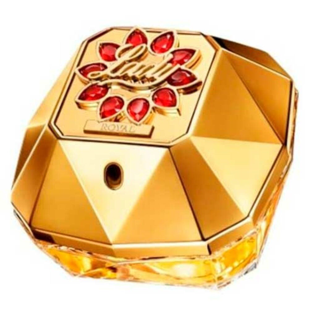 Flacone dorato con decorazioni rosse. Scritta: Lady Million Royal.