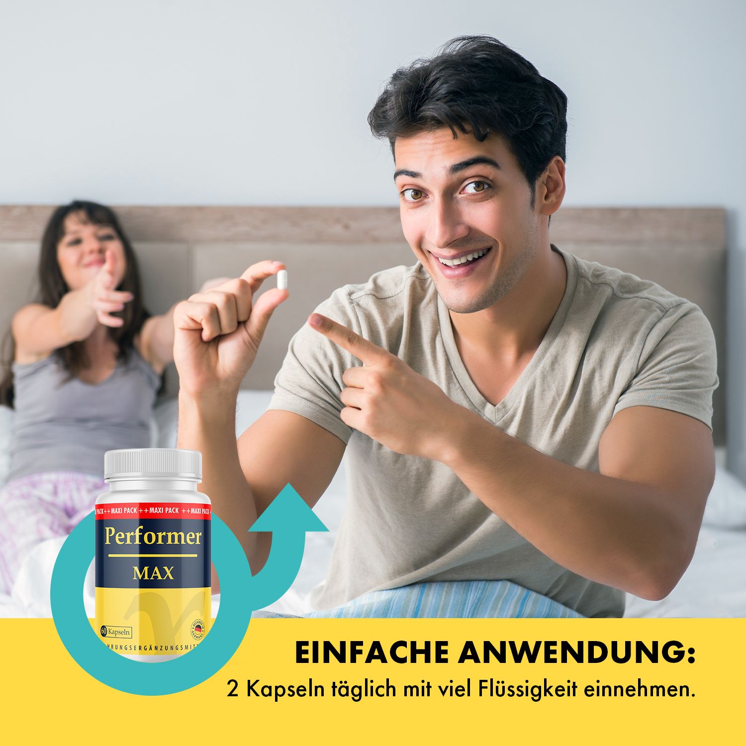 Uomo tiene in mano una capsula. Flacone Performer MAX. Scritta: Uso facile: assumere 2 capsule al giorno con molto liquido.
