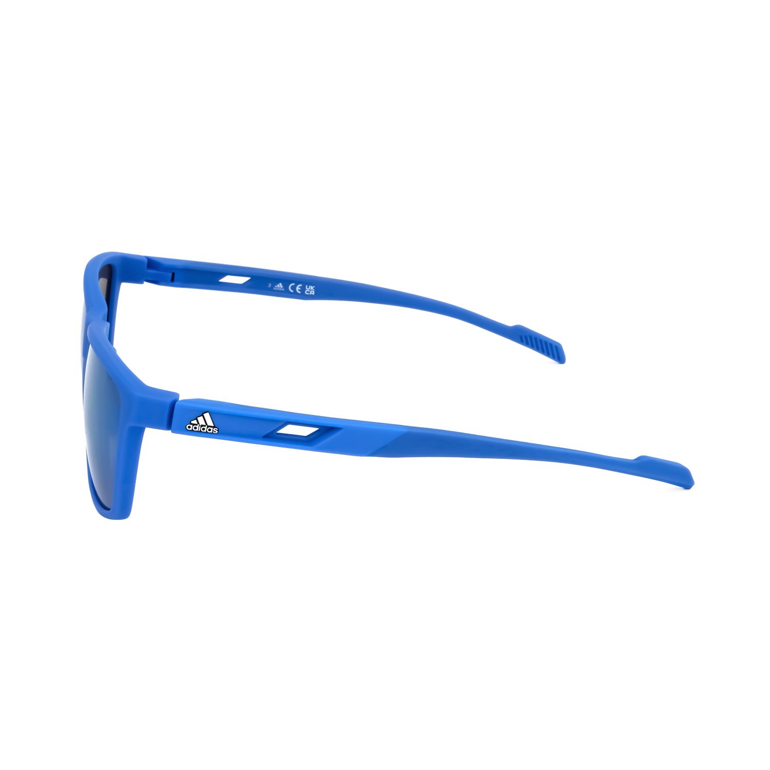 Occhiali da sole sportivi blu con lenti blu e logo Adidas.