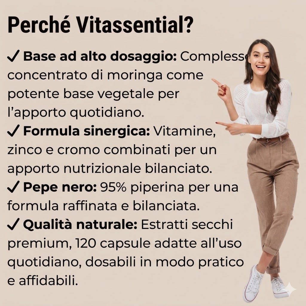 Una donna indica il testo. Vantaggi di Vitassential: ad alto dosaggio, sinergico, con piperina, naturale.
