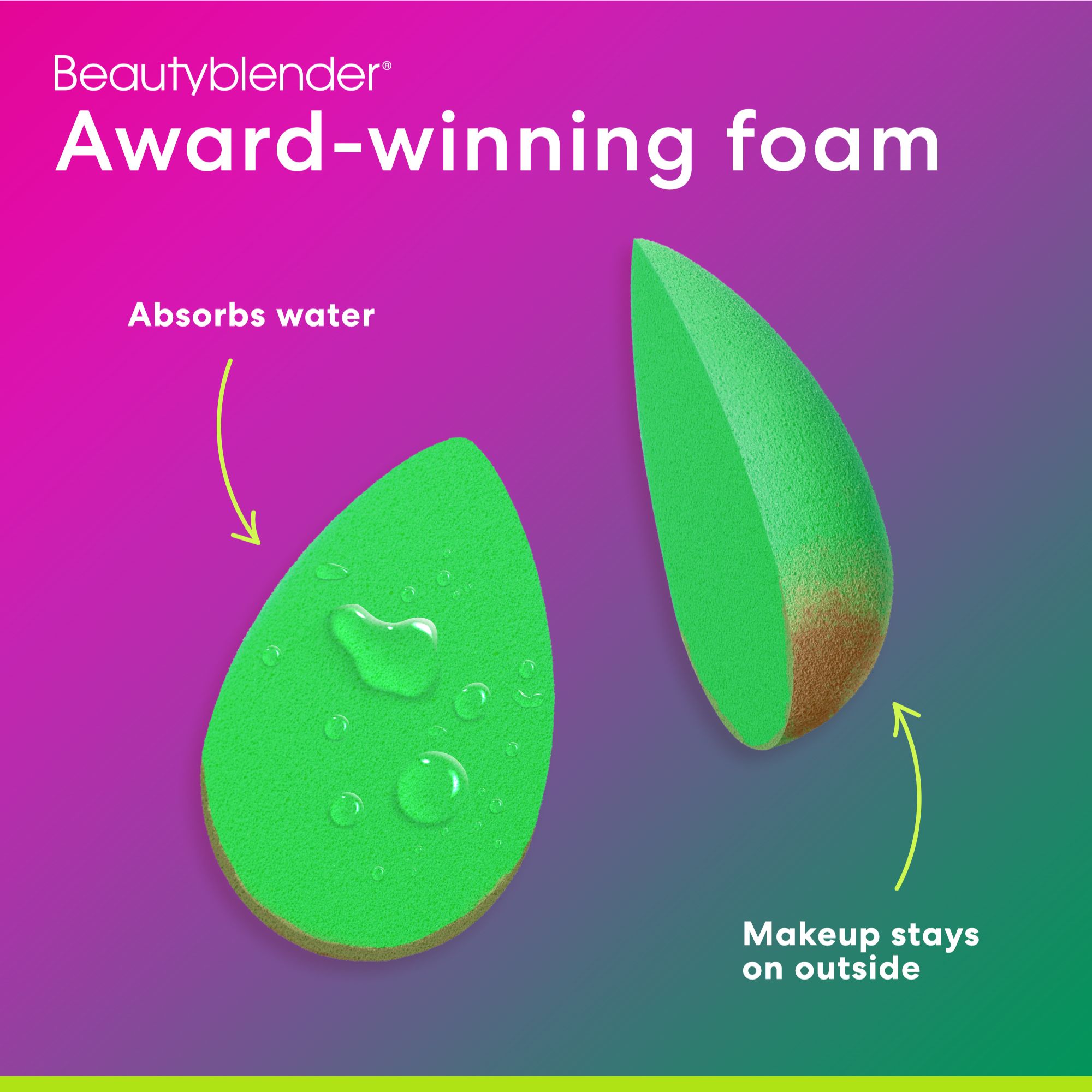 Due spugne verdi a forma di goccia. Testo: Beautyblender, Award-winning foam. Assorbe l'acqua. Il trucco rimane all'esterno.
