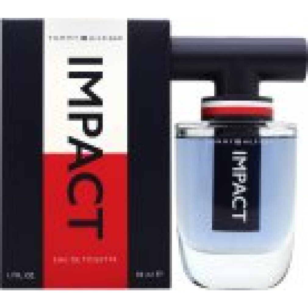 Flacone in vetro con liquido blu e tappo nero. Accanto, la confezione con scritta IMPACT e Tommy Hilfiger.