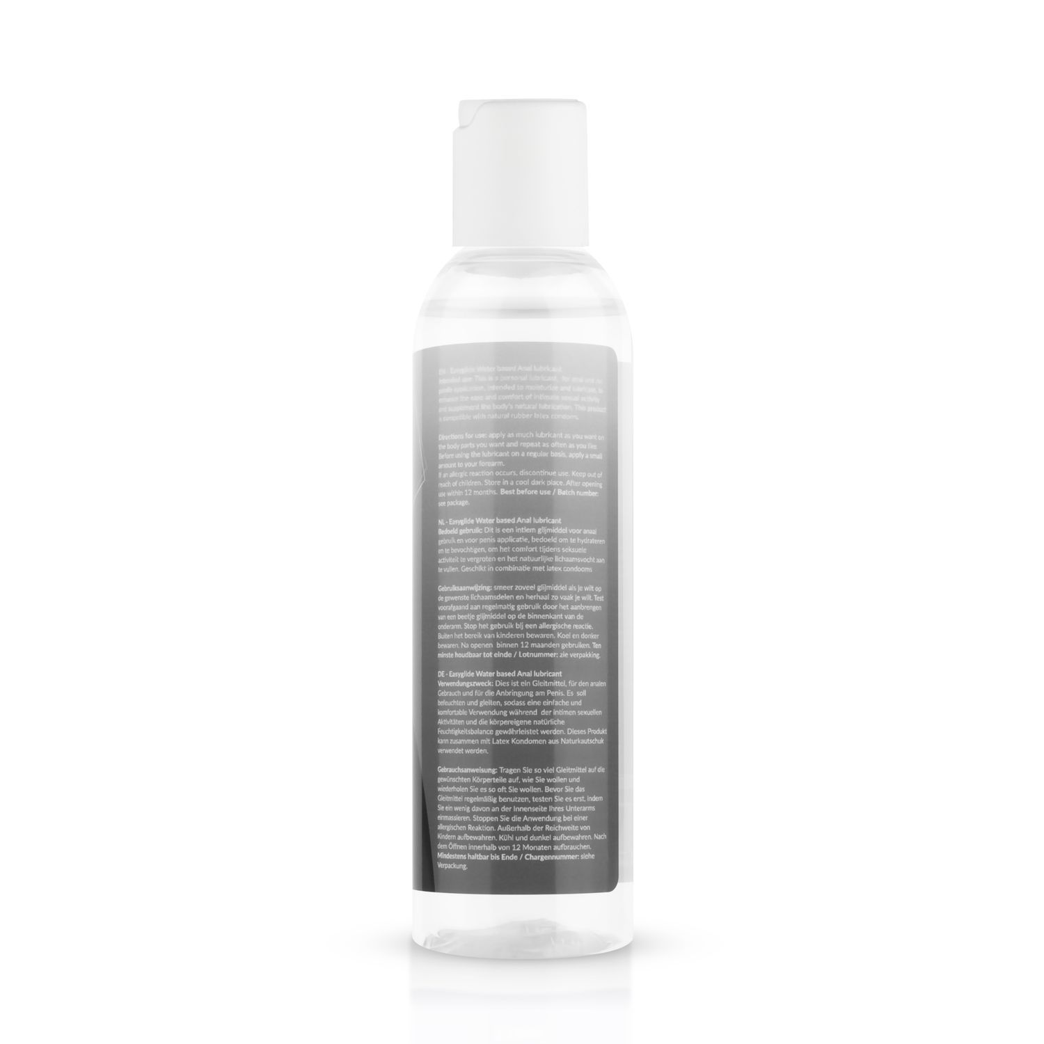 Flacone trasparente con tappo bianco. Retro con testo e codice a barre.