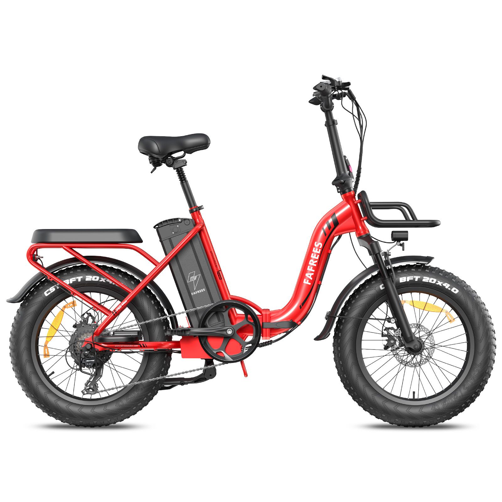 E-bike pieghevole rossa con cestino, pneumatici e sella neri. Logo FAFREES visibile. Con batteria e display LCD.