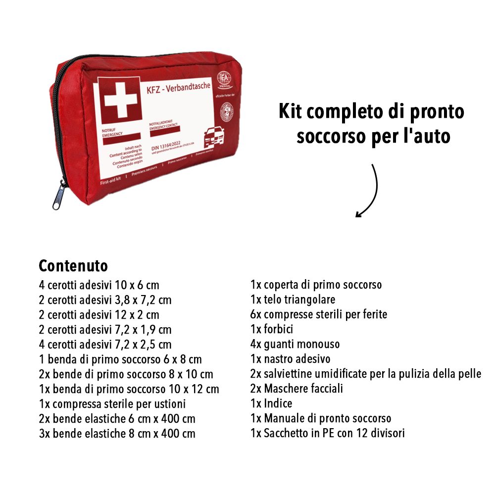 Borsa di pronto soccorso rossa con contenuto. Contiene: cerotti, bende, coperta, salviette, forbici, guanti, ecc.