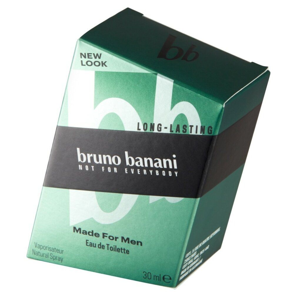 Confezione verde con scritta: bruno banani Made For Men, Eau de Toilette. Logo BB e scritta: Long-Lasting, New Look, 30 ml.