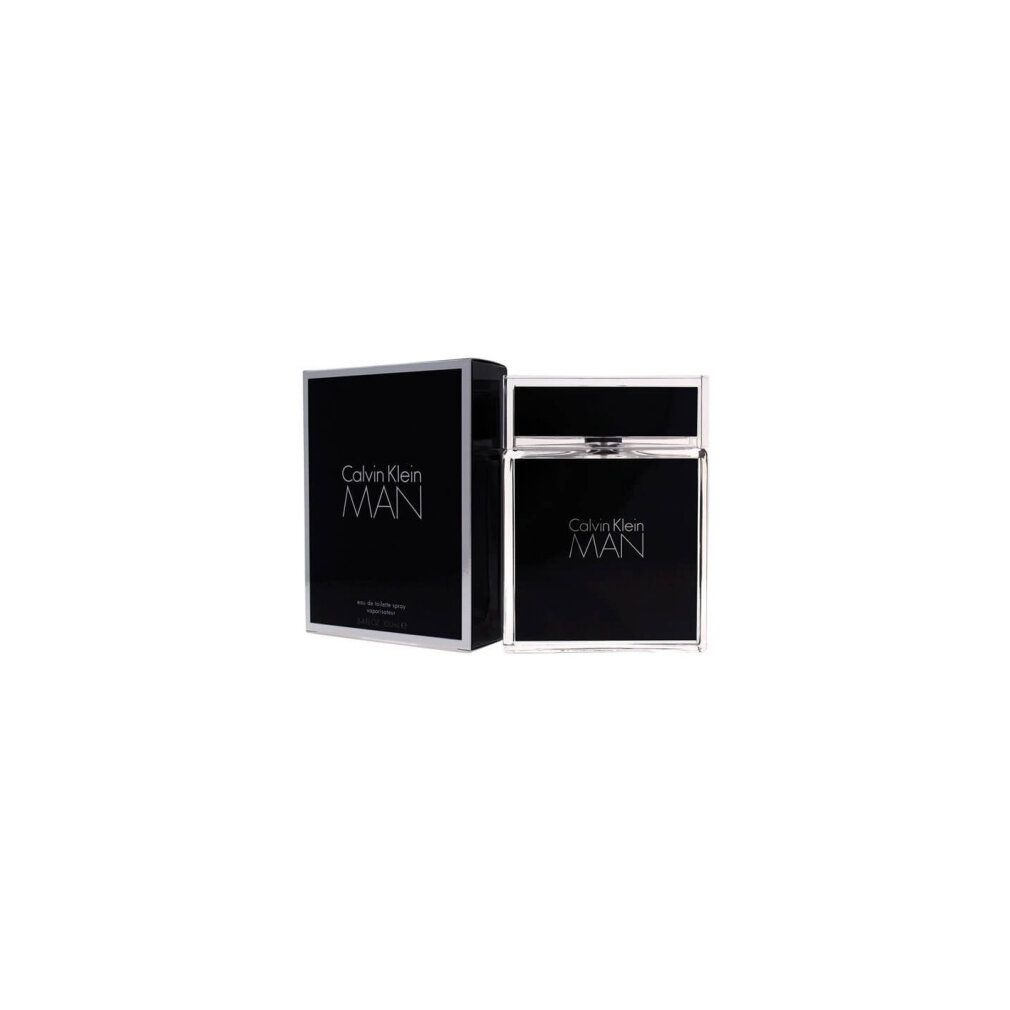 Flacone e confezione. Scritta: Calvin Klein MAN. Etichetta e confezione nere.