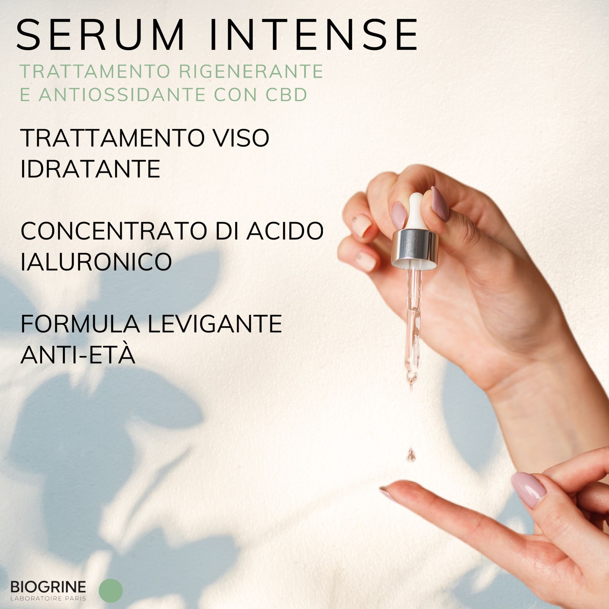 BIOGRINE Siero intenso – Rigenerante e antiossidante con CBD, Acido Ialuronico e tè verde