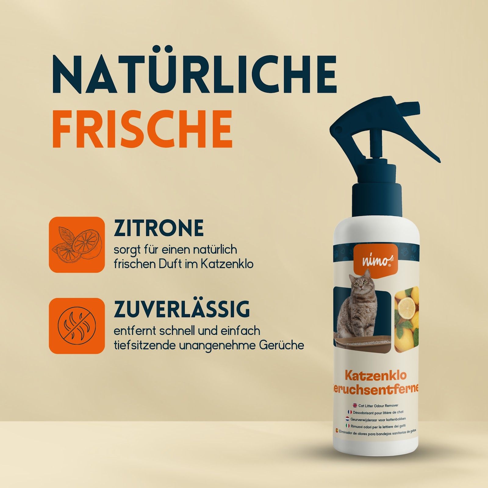 Flacone spray con etichetta prodotto. Testo: Freschezza naturale, limone, affidabile. Altri testi e grafici.