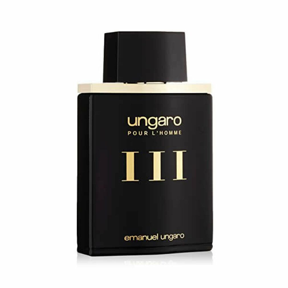 Flacone nero con scritta dorata "ungaro POUR L'HOMME III". Scritta "emanuel ungaro". Tappo nero.