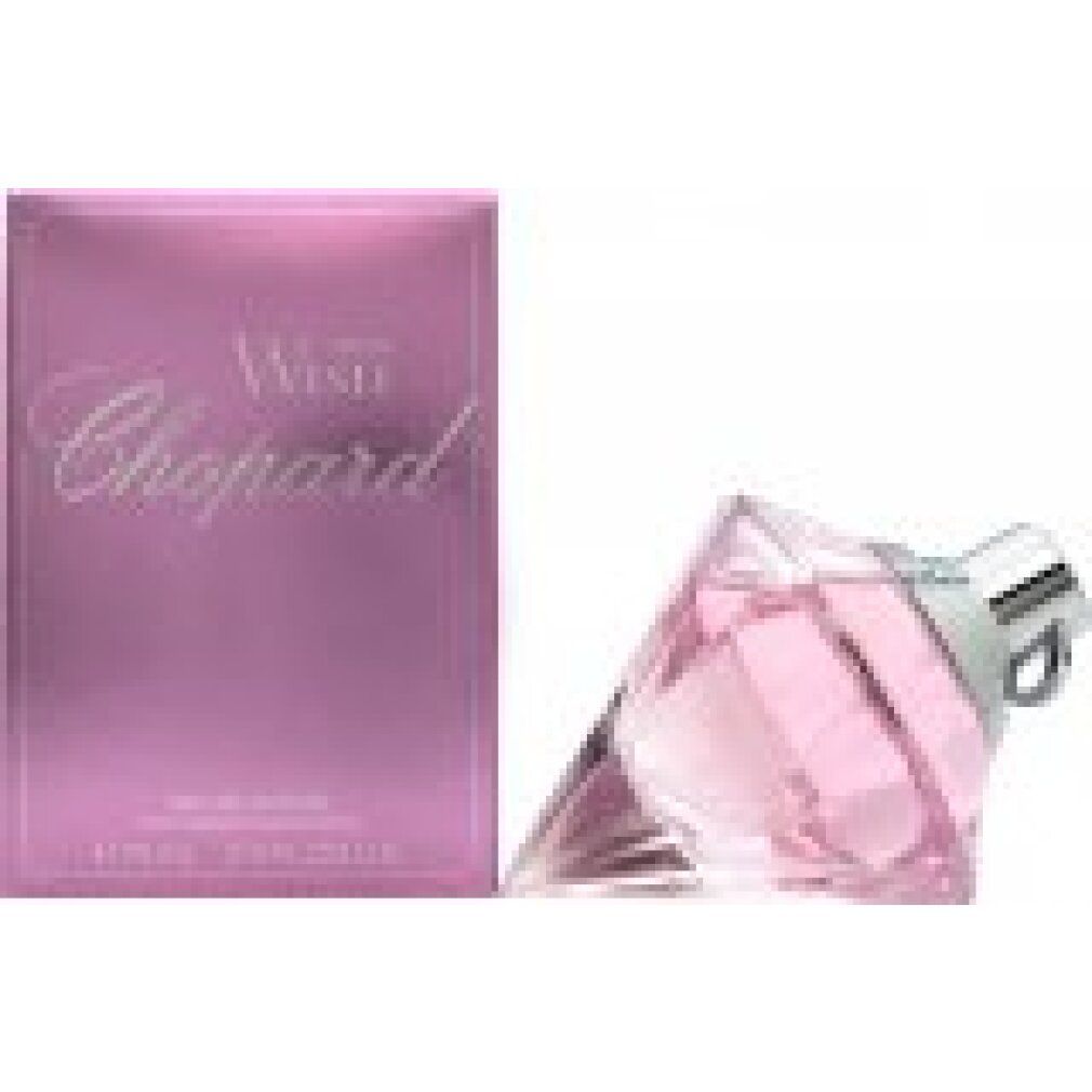 Flacone di profumo rosa e scatola rosa. Scritta "Wish Chopard". Flacone e confezione.