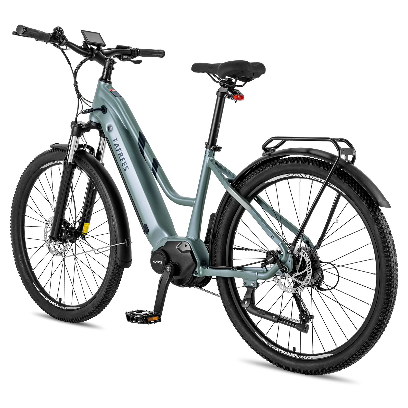 E-bike verde chiaro con motore centrale. Pneumatici neri, parafanghi e portapacchi. Marchio FAFREES.