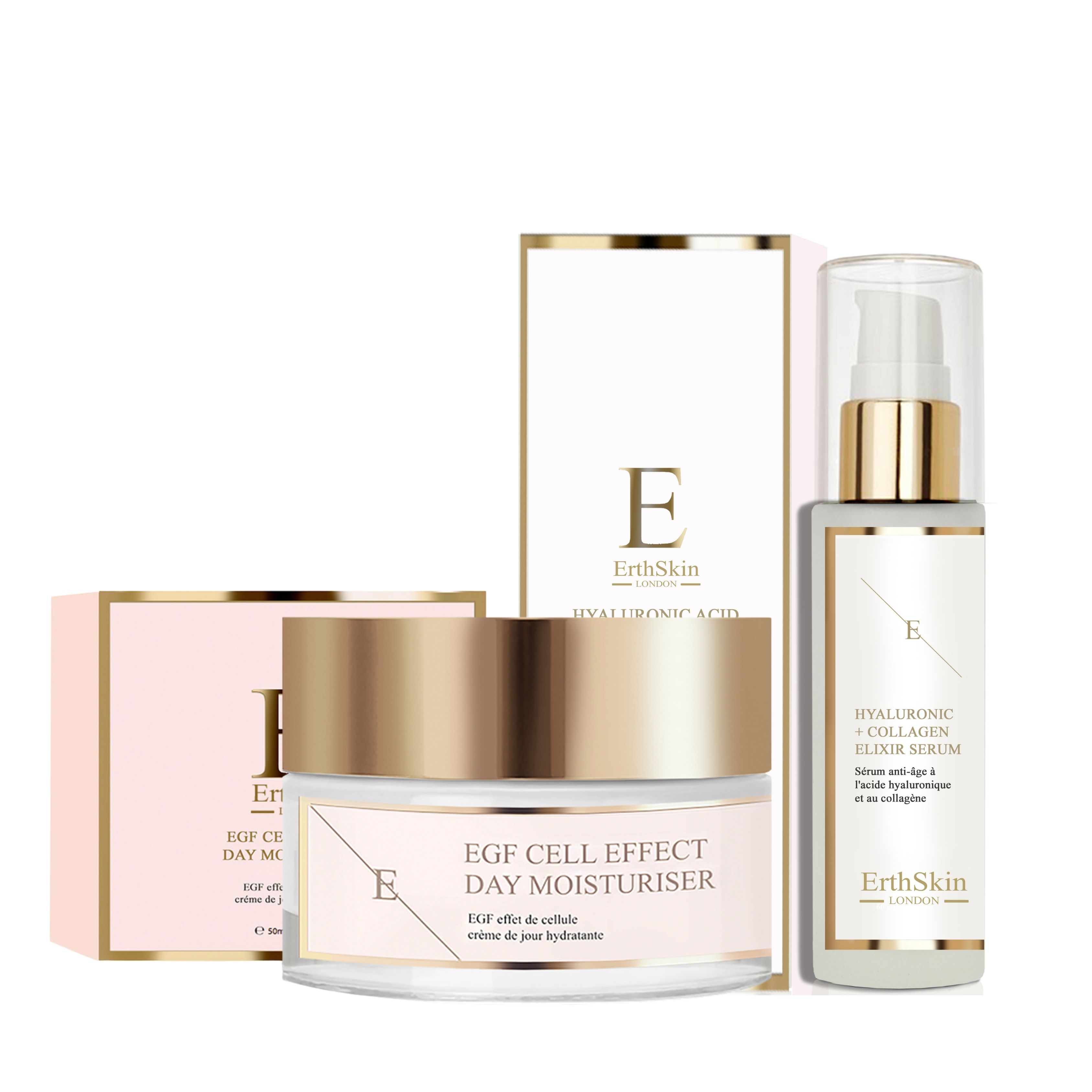Crema idratante giorno EGF Cell Effect e siero elisir acido ialuronico + collagene con confezione.
