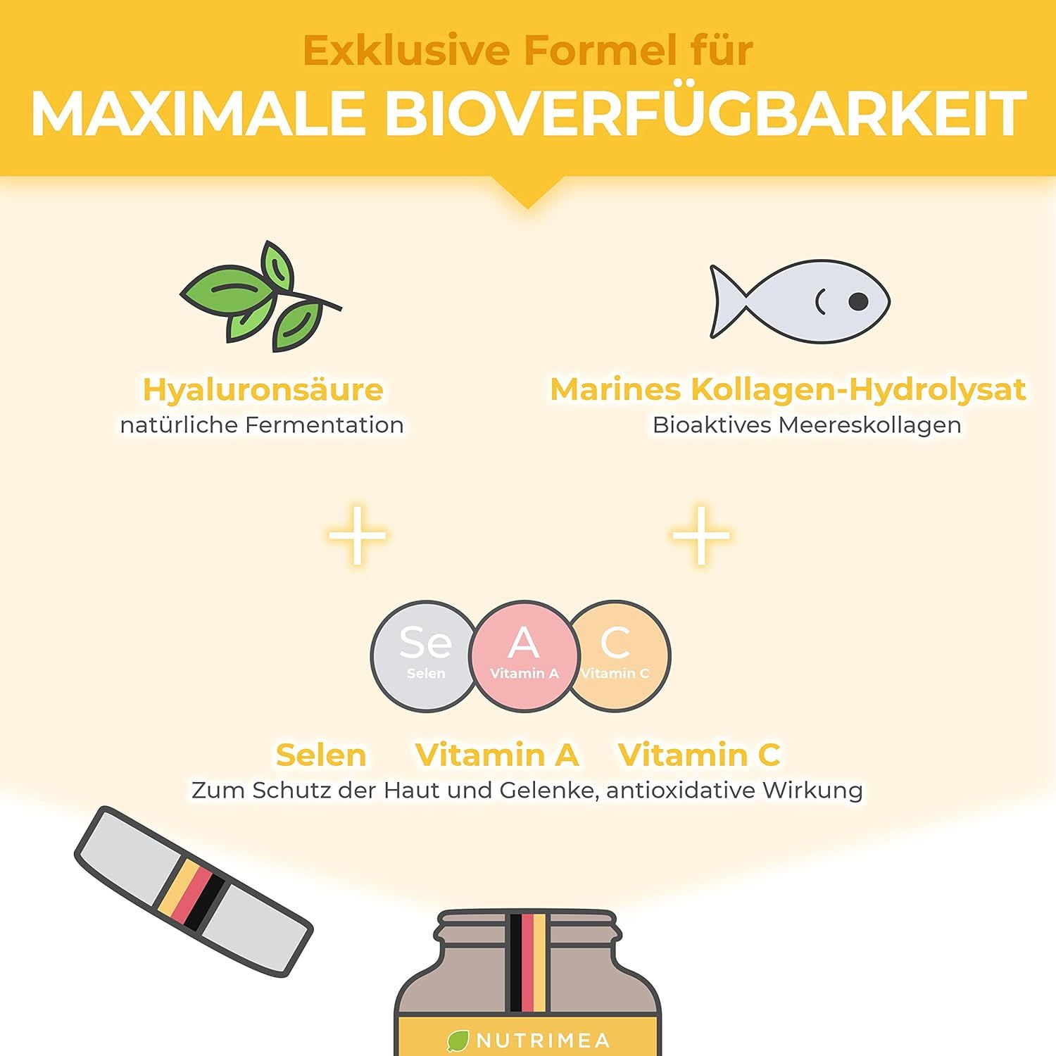 Grafico con ingredienti: acido ialuronico, collagene marino, selenio, vitamina A e C. Una bottiglia in basso.
