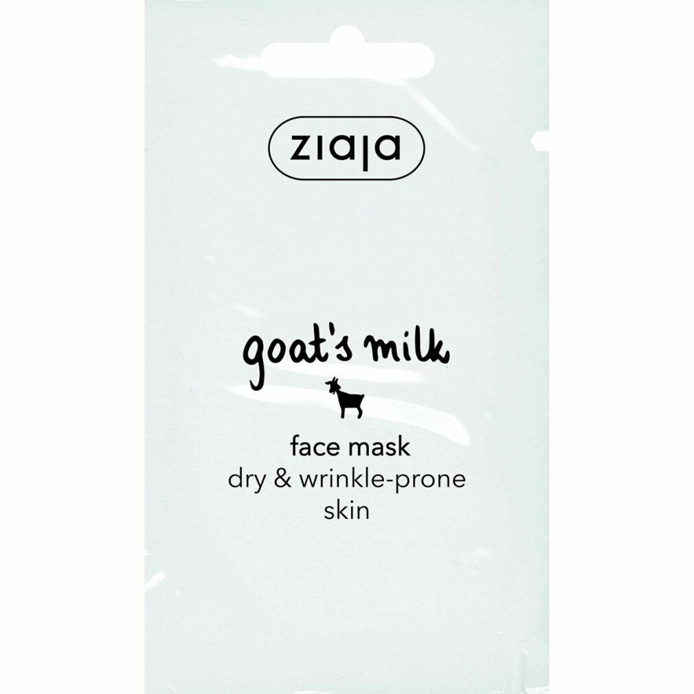 Maschera viso Ziaja in confezione singola bianca. Scritta: goat's milk, face mask, dry & wrinkle-prone skin. Marchio Ziaja.