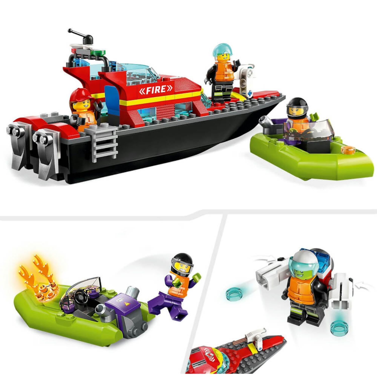 LEGO City Fire 60373. Barca dei pompieri, gommone e personaggi. Diverse viste del set.