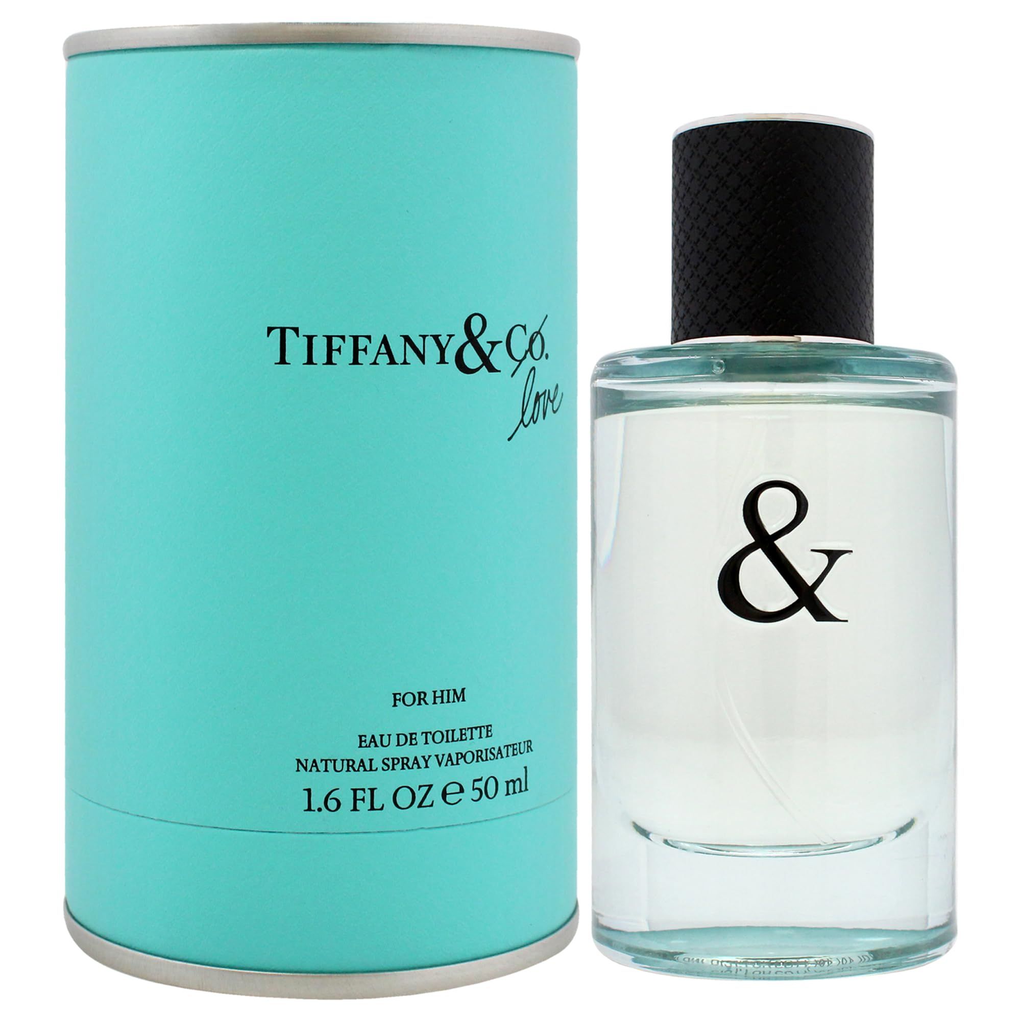 Confezione e flacone turchese. Scritta: Tiffany & Co. Love, For Him, Eau de Toilette, Natural Spray Vaporisateur, 1.6 fl oz e 50 ml.