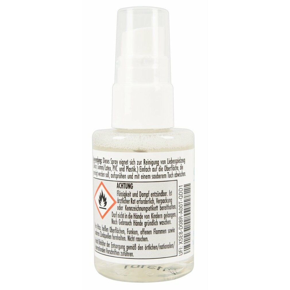 Flacone trasparente con erogatore bianco. Retro con testo e simbolo di pericolo. Spray detergente per giocattoli erotici.