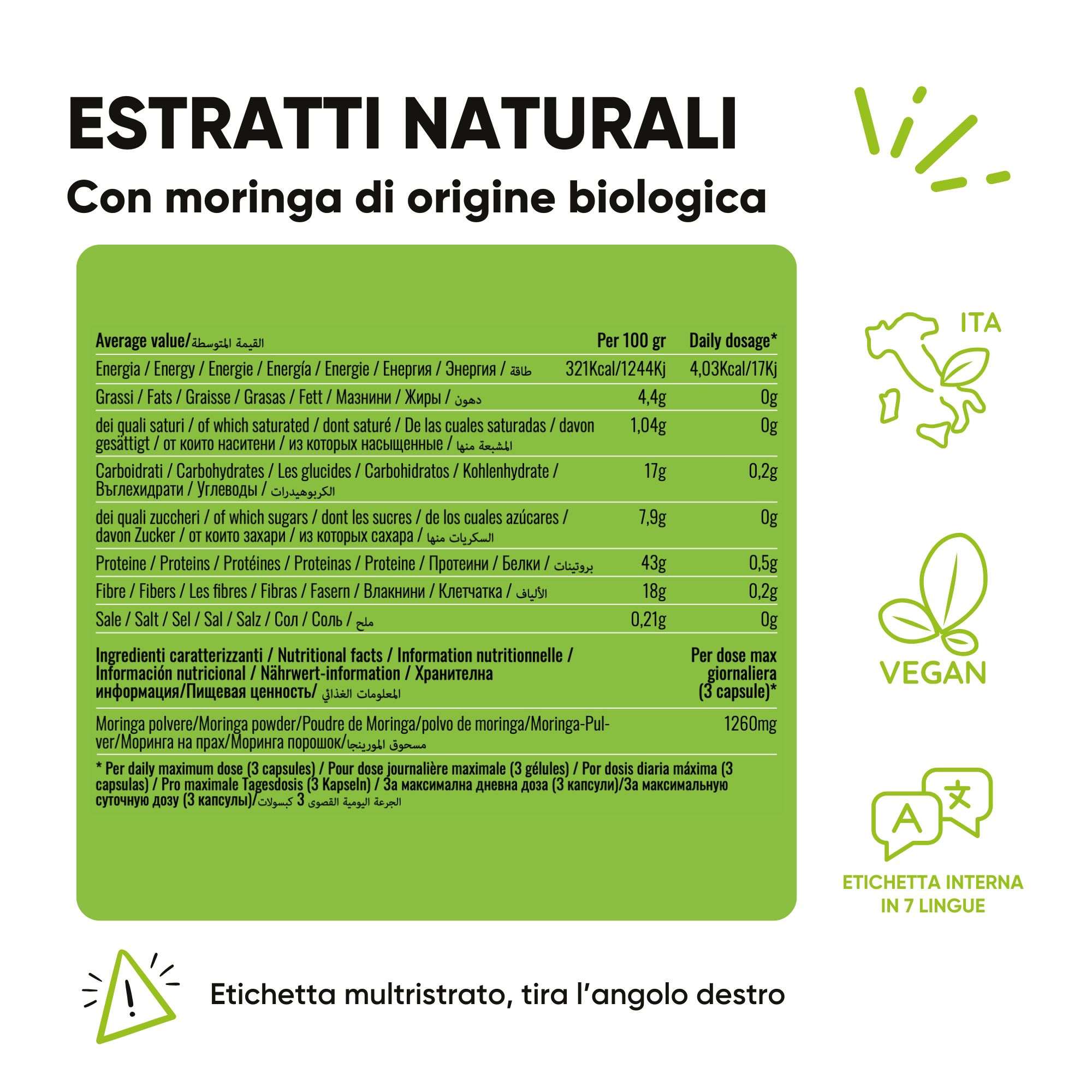 Etichetta con informazioni nutrizionali. Contiene energia, grassi, carboidrati, zuccheri, proteine, fibre e sale. Vegano.