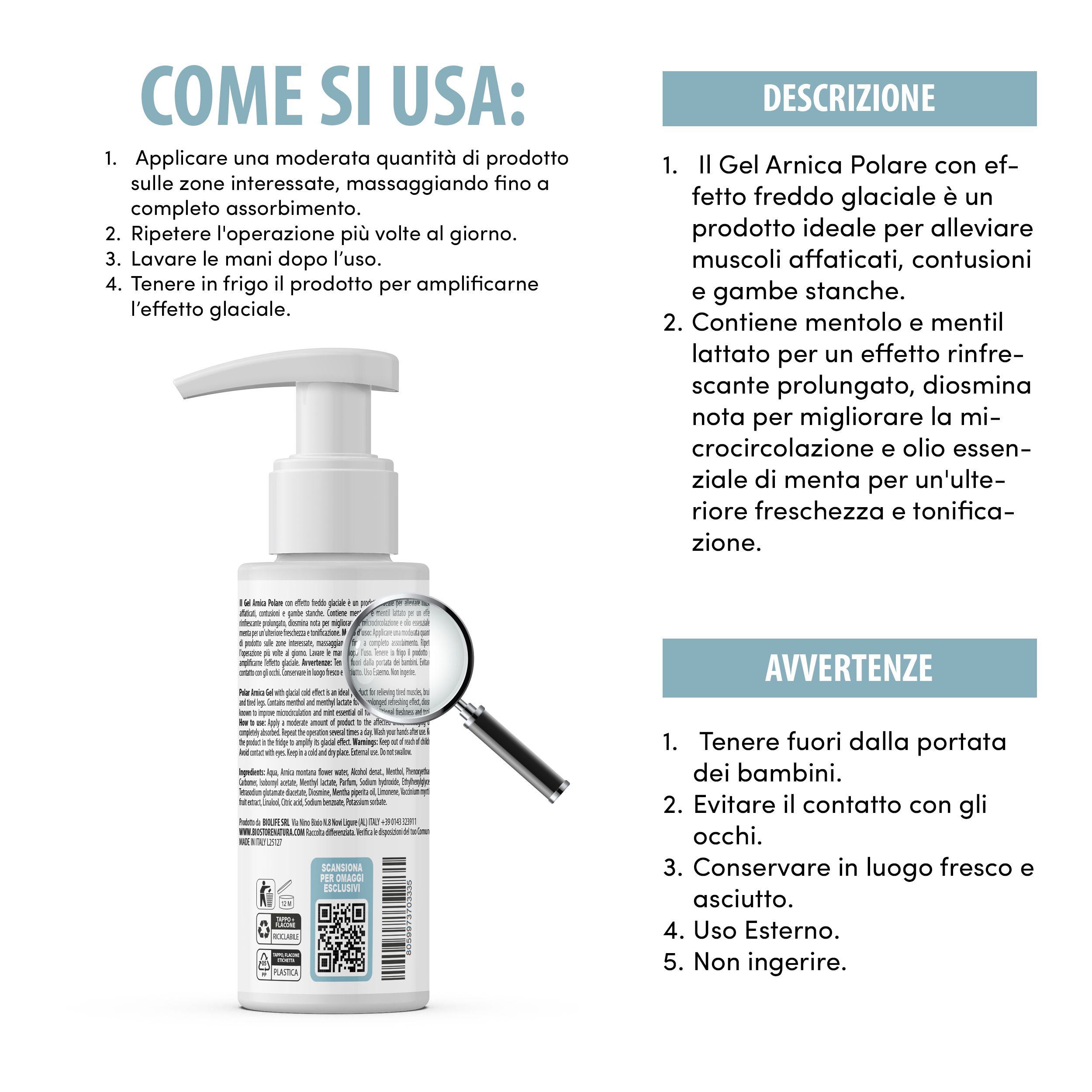 Flacone di gel e lente d'ingrandimento. Testi: COME SI USA: 1. Applicare... 2. Ripetere... 3. Lavare... 4. Tenere... DESCRZIONE: 1. Il Gel Arnica... 2. Contiene mentolo... AVVERTENZE: 1. Tenere fuori... 2. Evitare... 3. Conservare... 4. Uso Esterno... 5. Non ingerire.