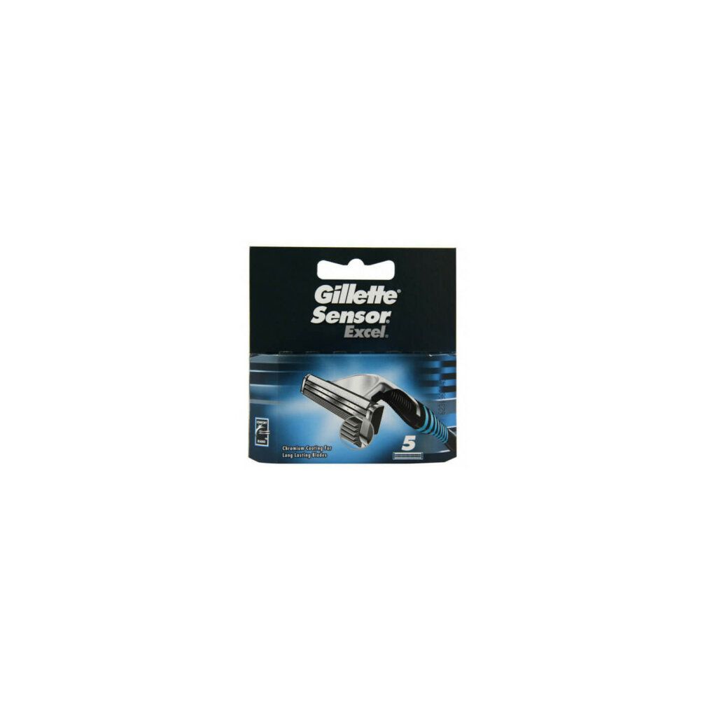 Confezione di ricariche Gillette Sensor Excel. Contiene 5 pezzi. Confezione blu con nome e logo del prodotto.