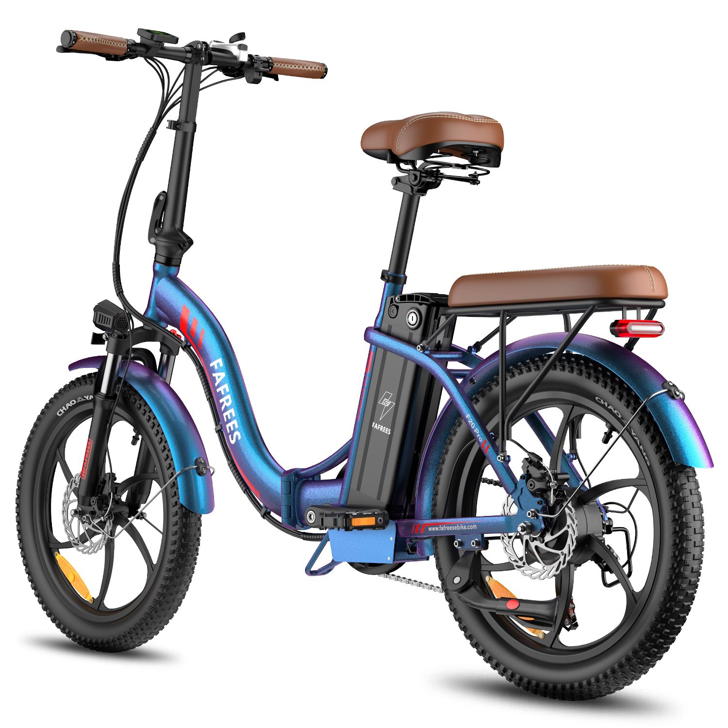 Bicicletta elettrica FAFREES F20 Pro blu. Sella marrone, pneumatici neri. Vista posteriore con portapacchi.