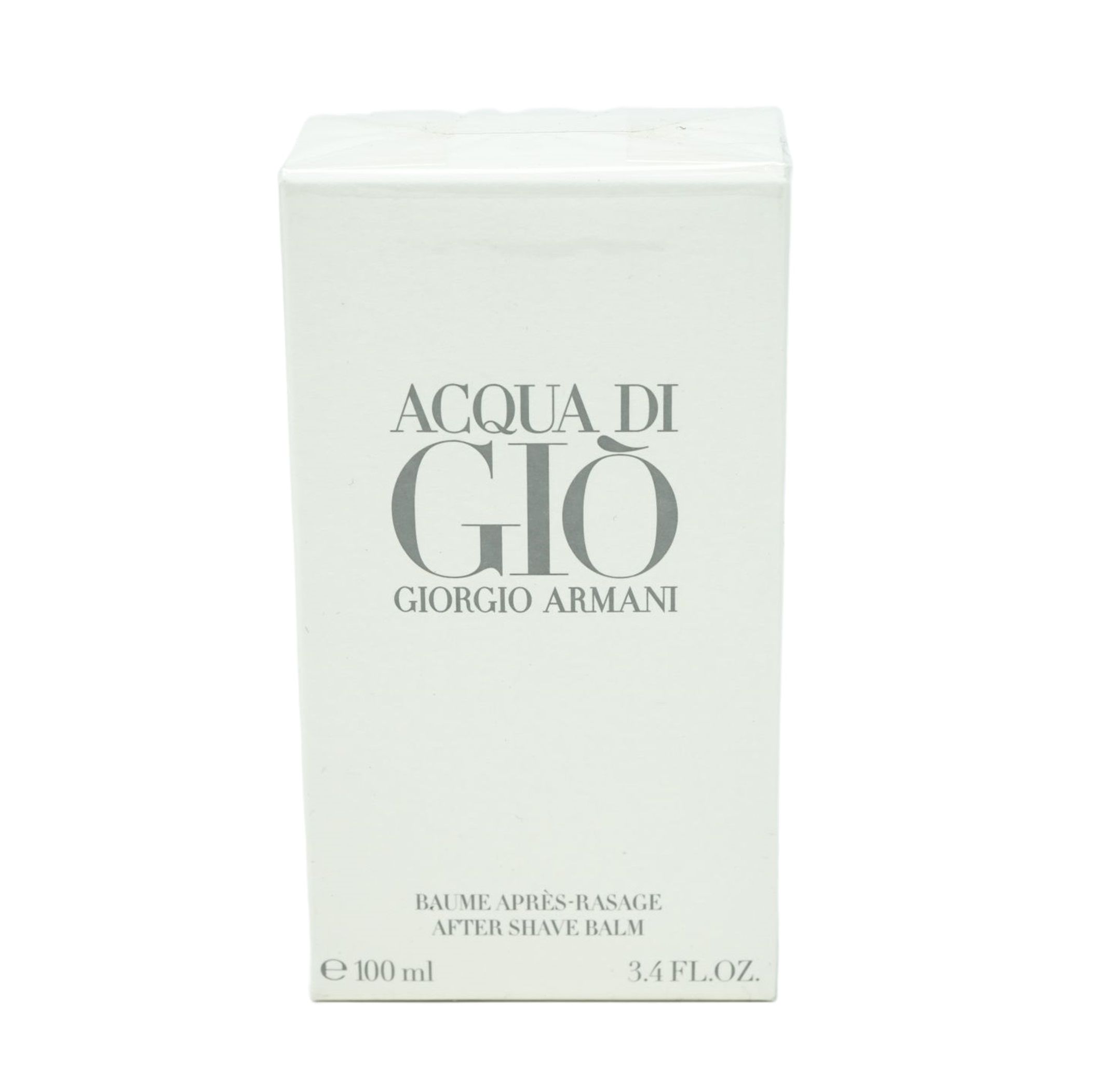 Confezione bianca con testo grigio. Visibili "ACQUA DI GIÒ" e "GIORGIO ARMANI". Sotto: "BAUME APRÈS-RASAGE".