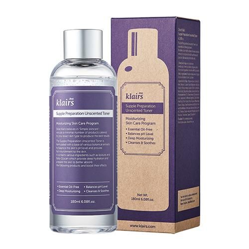 Flacone trasparente e confezione. Scritta: Dear Klairs Supple Preparation Unscented Toner. 180 ml. Con tappo a vite.
