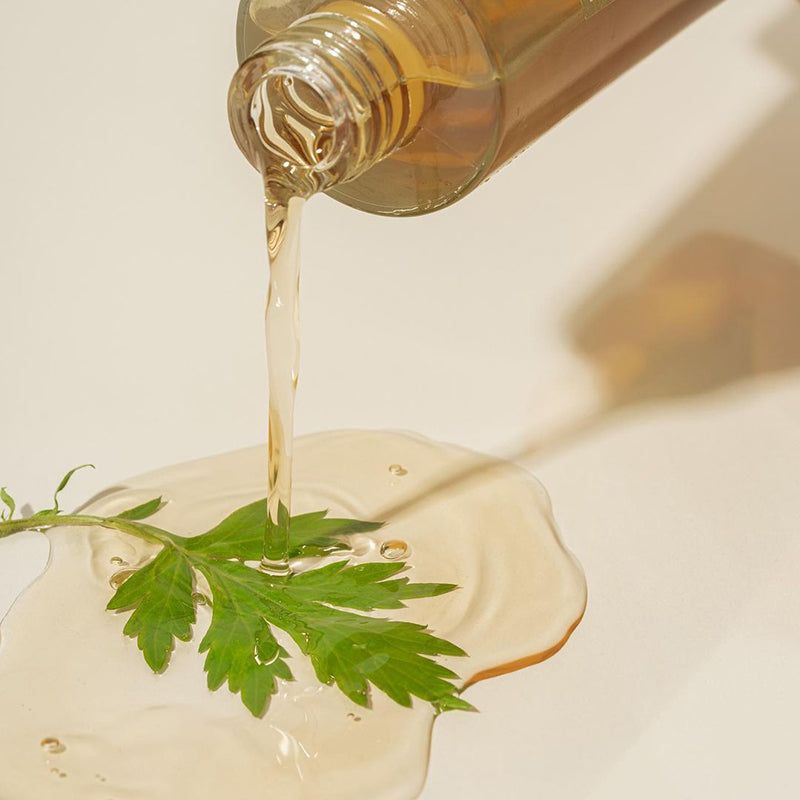 Liquido versato da una bottiglia. Una foglia accanto. Liquido chiaro, sfondo bianco.