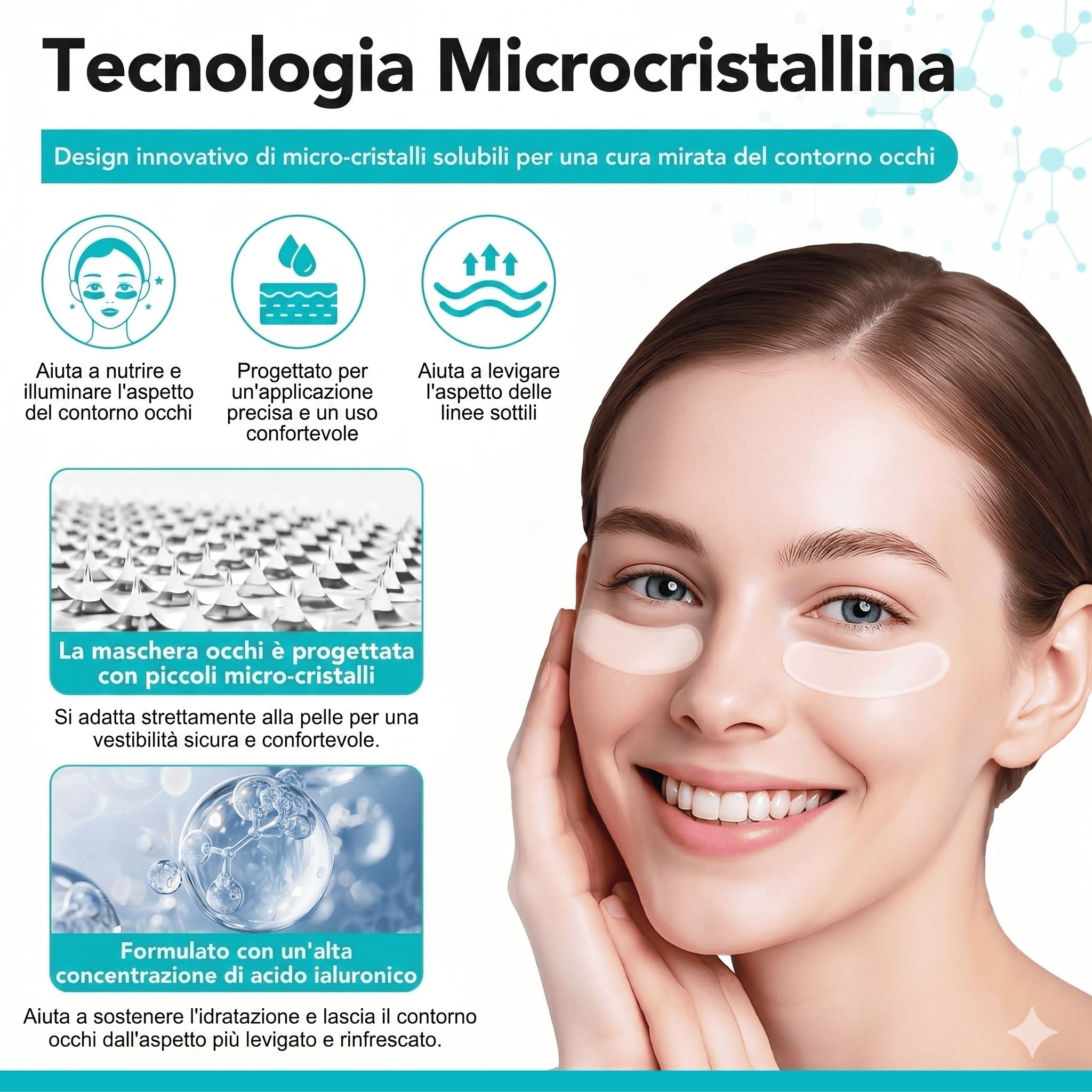 Donna con cerotti occhi. Tecnologia microcristallina. Diagrammi mostrano applicazione e risultati. Prodotto con microcristalli.