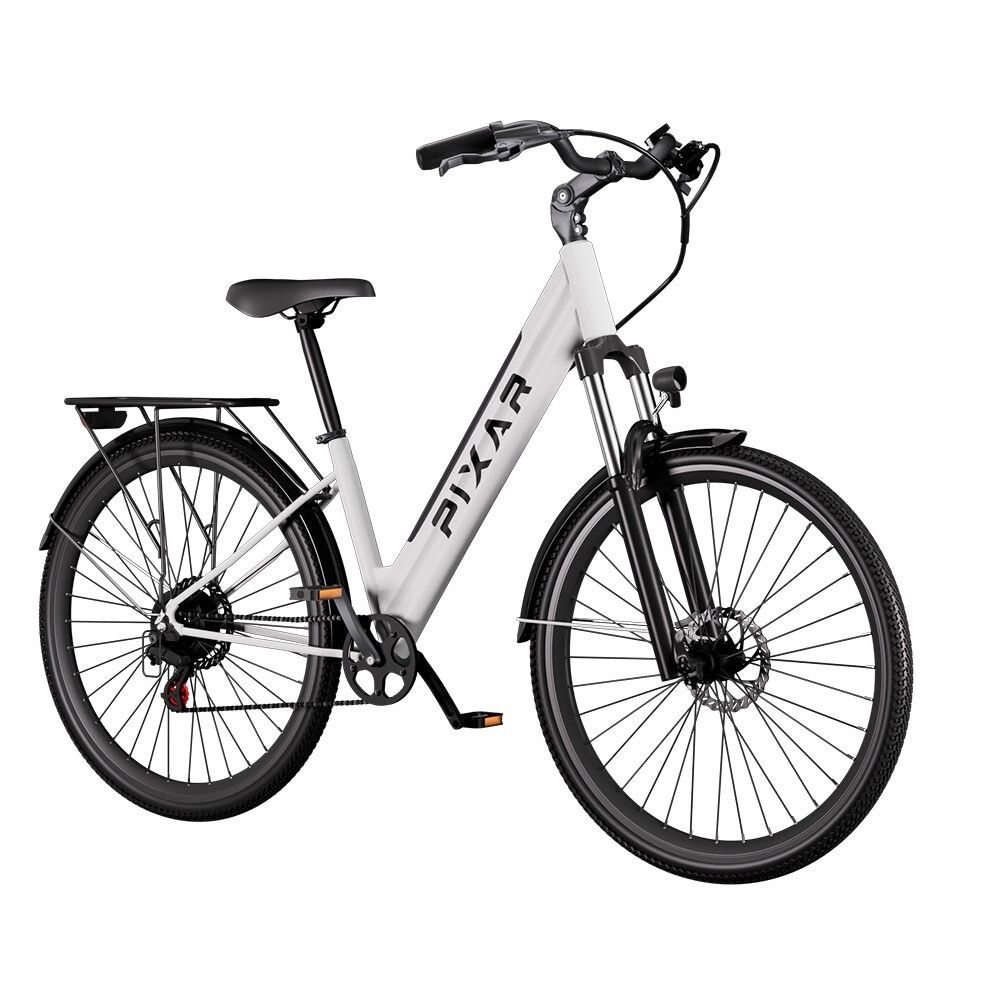 E-bike bianca con telaio nero e portapacchi. Logo PIXAR sul telaio.