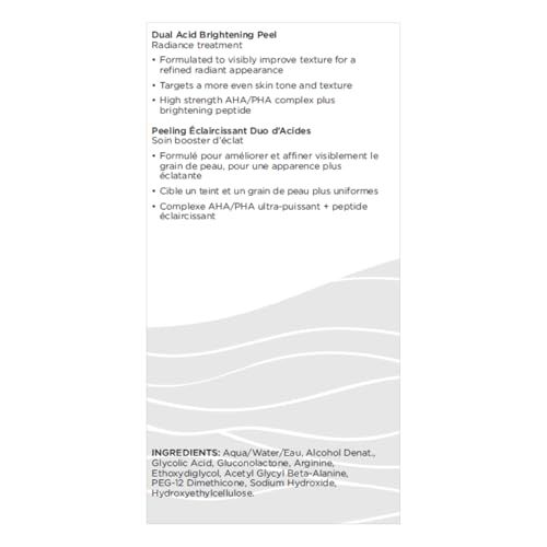 Testo su sfondo bianco. Contiene ingredienti e informazioni sul prodotto. Descrive "Dual Acid Brightening Peel" e ingredienti.